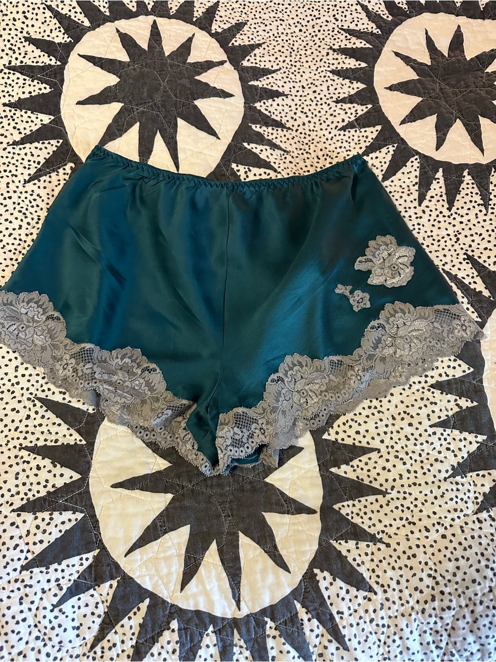 Juliana Rae 100% Silk Teal Lace-Trim Tap Pants